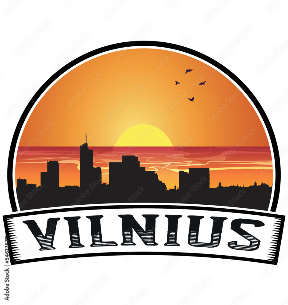 Vilnius Lithuania Skyline Sunset Travel Souvenir Sticker Logo Badge Stamp Emblem Coat of Arms Vector Illustration EPS