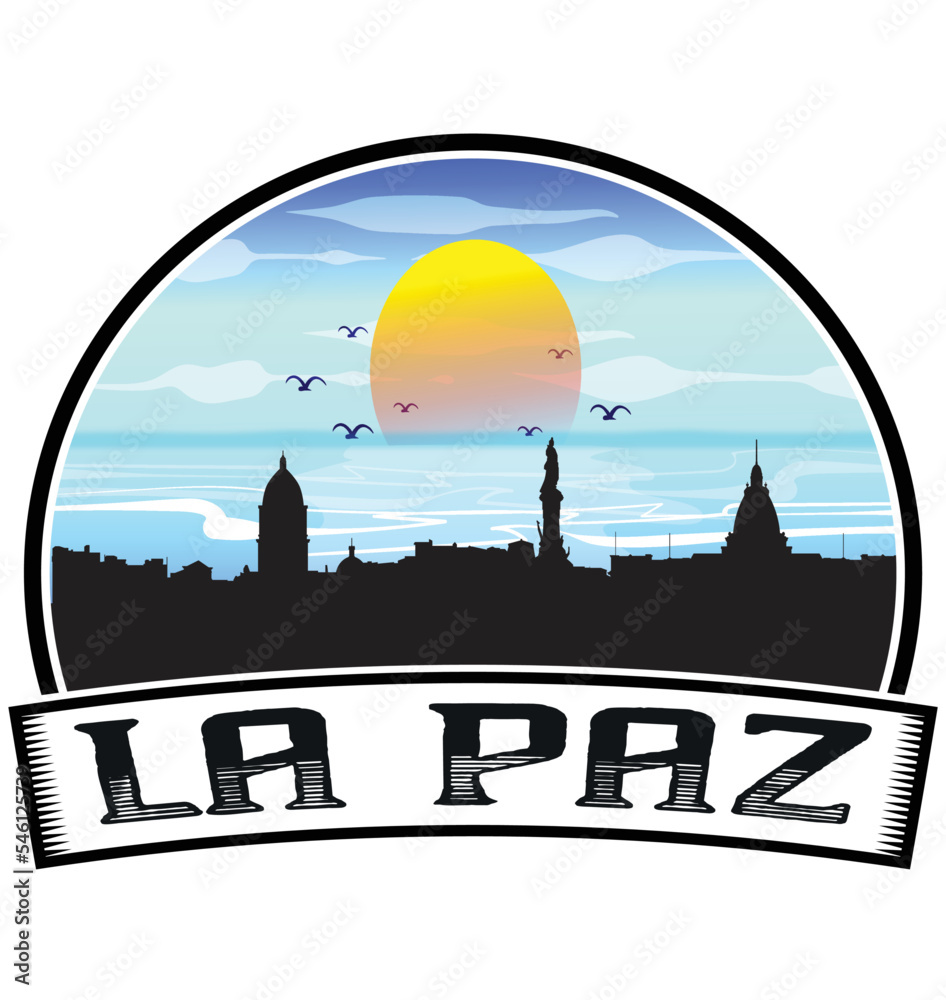 La Paz Bolivia Skyline Sunset Travel Souvenir Sticker Logo Badge Stamp Emblem Coat of Arms Vector Illustration EPS