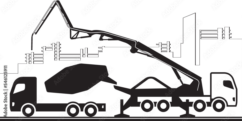 Concrete pump truck on construction site vector illustration Stock