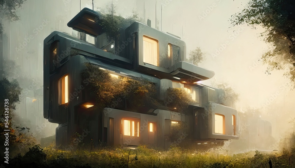 View of Futuristic eco house environmentaly friendly housing design, Zero ...