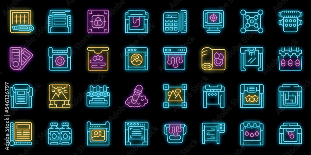 Plotter icons set outline vector. Printer machine. Copy offset neon color on black Plotter icons set outline vector. Printer machine. Copy offset neon color on black