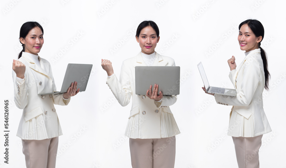 Half body 20s Asian Woman wear formal business blazer suit dress pant shoes. Black long straight hair female hold laptop work confident, turn 360 from side rear back view, white background isolated Half body 20s Asian Woman wear formal business blazer suit dress pant shoes. Black long straight hair female hold laptop work confident, turn 360 from side rear back view, white background isolated