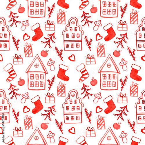 Watercolor Christmas pattern with  houses and christmas elements