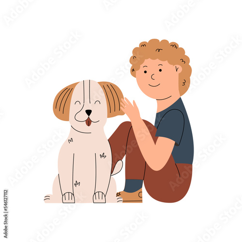 The boy sits and strokes the puppy's head. Friendship between child and dog. Vector illustration in flat style