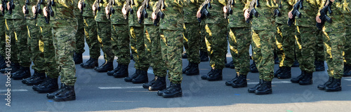 Soldiers standing in row in camouflage uniforms