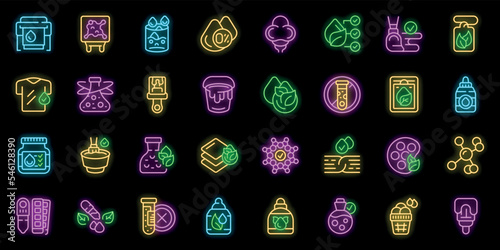 Natural dyes icons set outline vector. Tie ideas. Spiral batik neon color on black