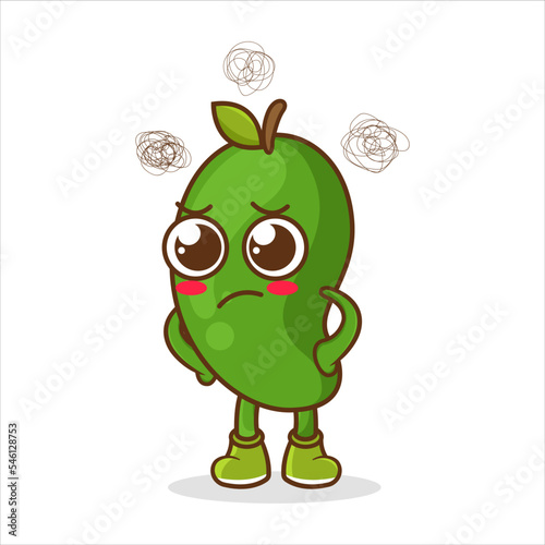 Angry character mango fruit with cartoon mascot. Green mango cartoon character with angry expression