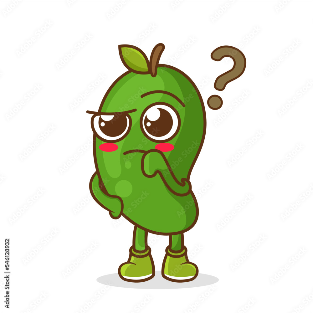 Cute funny Mango fruit with question marks. mango fruit character mascot with confused gesture isolated cartoon in flat style Cute funny Mango fruit with question marks. mango fruit character mascot with confused gesture isolated cartoon in flat style