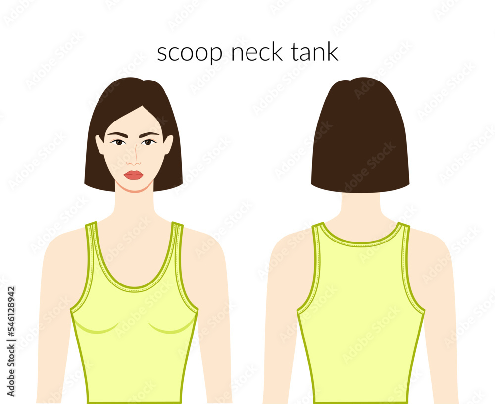 Scoop neckline tank clothes character beautiful lady in yellow top, shirt, dress technical fashion illustration with fitted body. Flat apparel template front, back sides. Women, men unisex CAD mockup Scoop neckline tank clothes character beautiful lady in yellow top, shirt, dress technical fashion illustration with fitted body. Flat apparel template front, back sides. Women, men unisex CAD mockup