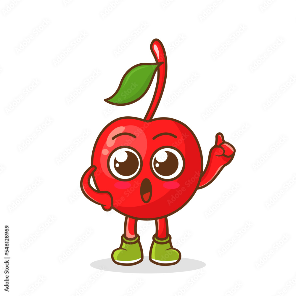 Illustration of cherry character as a teacher with one hand raised. character design