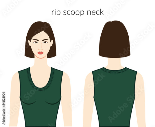 Rib scoop neckline clothes knits, sweaters character beautiful lady in emerald top, dress technical fashion illustration with fitted body. Flat apparel template front, back sides. Women, men unisex