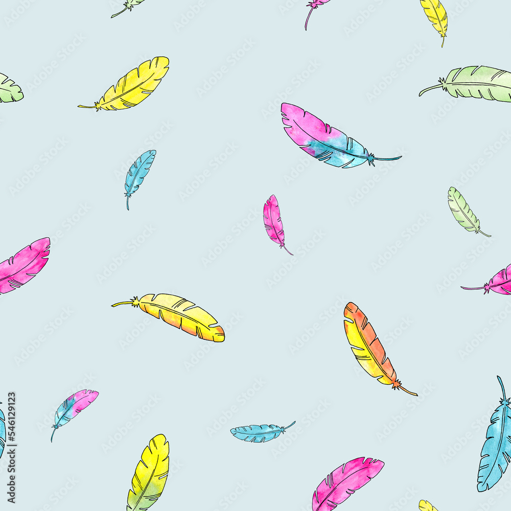 Watercolor painting little feathers - seamless pattern on light blue background