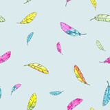Watercolor painting little feathers - seamless pattern on light blue background