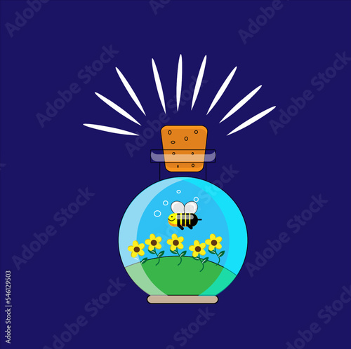 illustration of flat design with honey bee  sunflower  grass and jar 