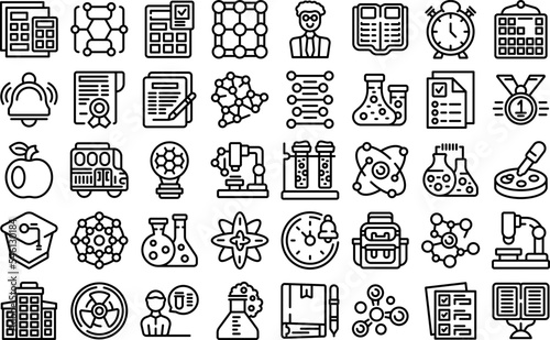 Chemistry teacher icons set outline vector. Science career. Professional biology