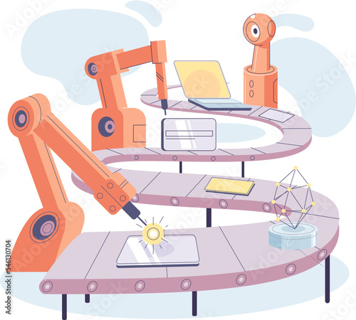 Manufacturing process at automated industry. Industrial conveyor with robot work. Technical and science innovation vector illustration. Smart manufacture, automation of digital devices production