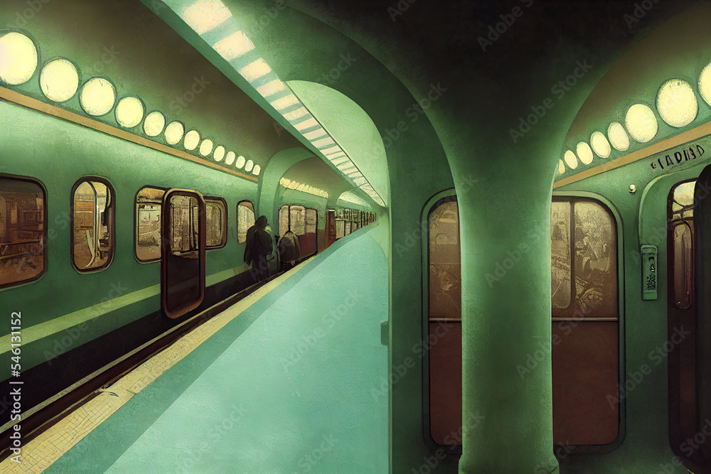 Digital Oil Painting. Beautiful Green Art Nouveau Subway Station with
