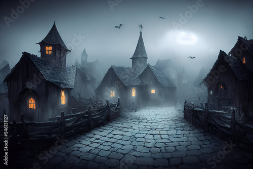 Dark Foggy Gothic Village with Cobblestones and Bats. Halloween Town. Digital Oil Painting.  [3D Digital Art Illustration; Sci-Fi Fantasy Horror Background; Game, Graphic Novel, or Postcard Image]