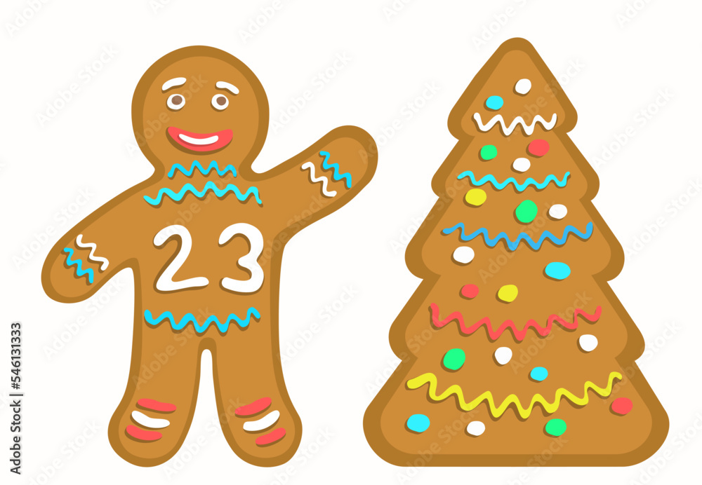 Gingerbread man with the number 23 denoting New Year 2023. Cookie stylized Christmas tree. Gingerbread man with the number 23 denoting New Year 2023. Cookie stylized Christmas tree.