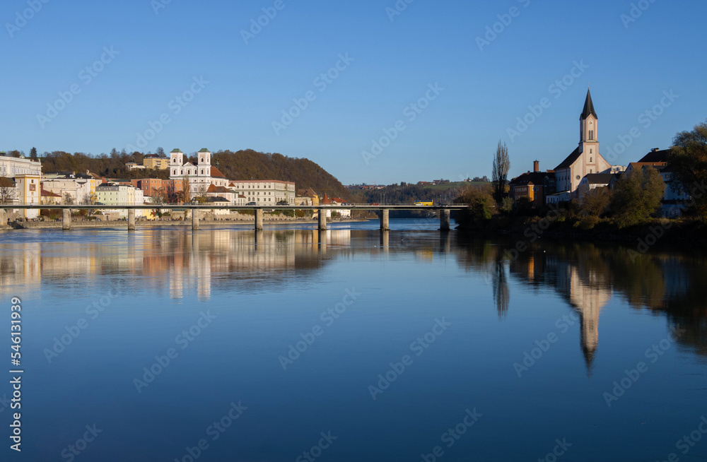 Cityscape of Passau, Germany and the Inn river at the confluence with the Danube