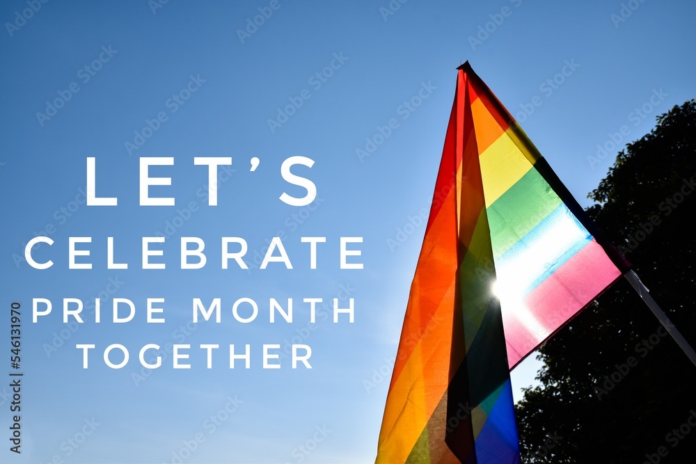 'Let's Celebrate Pride Month Together' on bluesky and rainbow flags ...