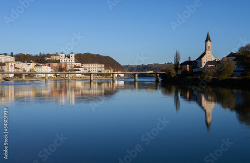 Cityscape of Passau, Germany and the Inn river at the confluence with the Danube