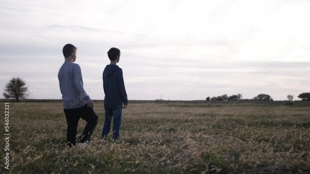 A teenage boy walks up to stand next to his friend in a field to watch the sun set. A teenage boy walks up to stand next to his friend in a field to watch the sun set.