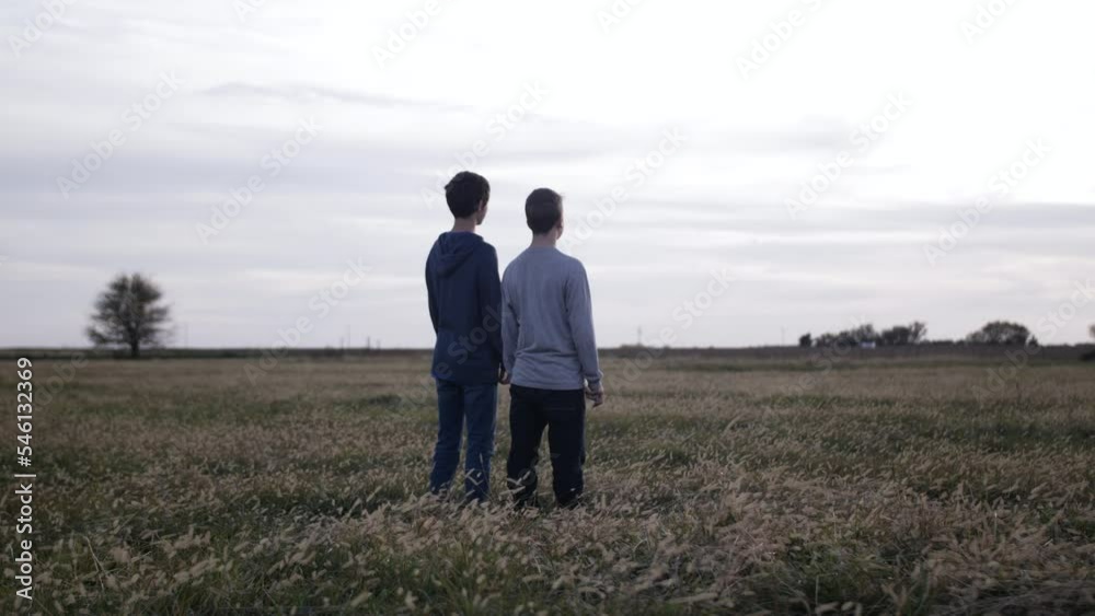 Two teenager boys - friends - stand together watching the sun set in a field. Two teenager boys - friends - stand together watching the sun set in a field.
