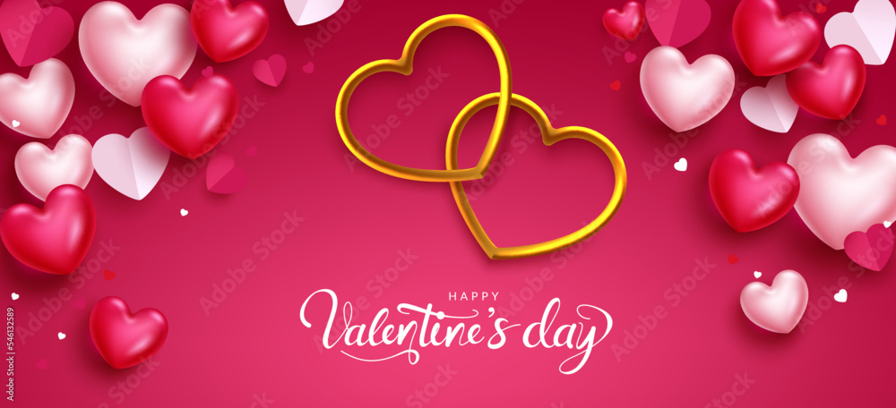 Valentine's day vector background design. Happy valentine's greeting text with hearts shape in metallic gold and paper cut decoration for valentine messages. Vector illustration.
