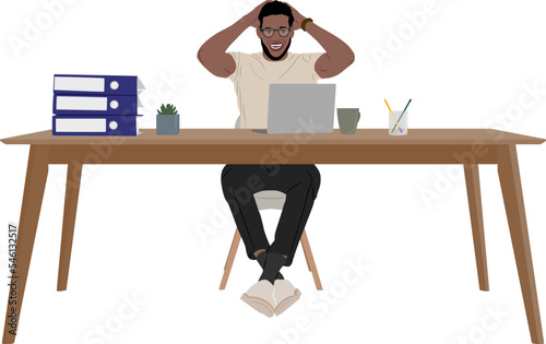 Hand-drawn shocked black man sitting at the desk with laptop, grabbing head, making mistake in the project, missing deadline. Vector illustration isolated on white. Full length view