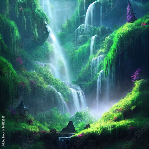 Beautiful and Mystery Deep Forest and Trees. Creative Fantasy Backdrop Concept Art Realistic Illustration Video Game Background. Digital Painting CG Artwork. Scenery Artwork Serious Book Illustration 