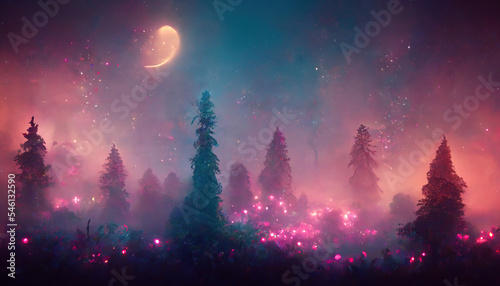 Beautiful and Mystery Deep Forest and Trees. Creative Fantasy Backdrop Concept Art Realistic Illustration Video Game Background. Digital Painting CG Artwork. Scenery Artwork Serious Book Illustration
