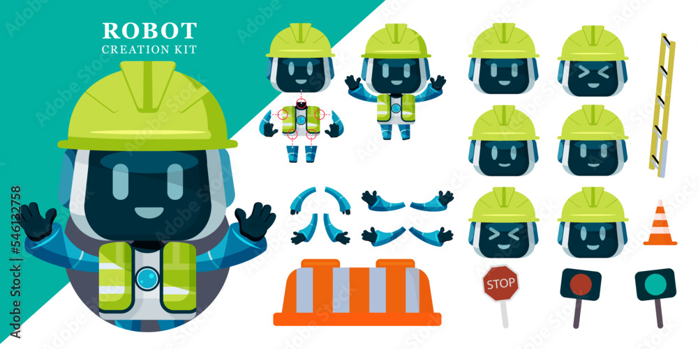 Robot creation kit vector set design. Robots traffic enforcer with editable character kit of arms, legs and head parts for pose and gesture ai creator. Vector illustration.
