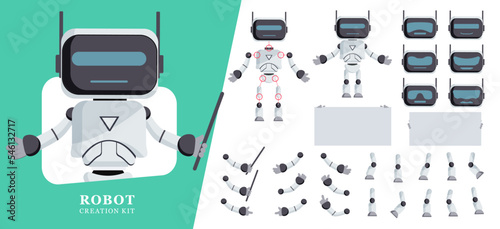 Robot creator kit vector set design. Robots teacher editable character with head, arms, legs and white board elements for presenting ai creation. Vector illustration.
