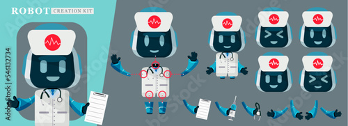 Robots doctor creator kit vector set. Robot doctors editable character kit in medical uniform for pose and gesture body creation design. Vector illustration.
