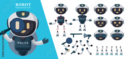 Robot police creation kit vector set. Robots editable characters with head, arms, legs and tools element for robotic police creator design. Vector illustration.
