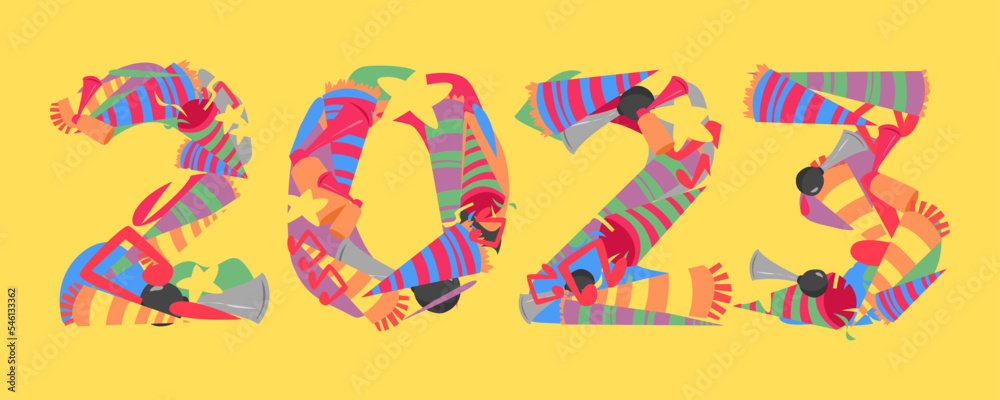 2023 font typography is made from trumpet icon set, horn, etc. doodle collage. isolated yellow background. new year concept for template, greeting card, print, sticker, banner, etc. flat vector style 2023 font typography is made from trumpet icon set, horn, etc. doodle collage. isolated yellow background. new year concept for template, greeting card, print, sticker, banner, etc. flat vector style