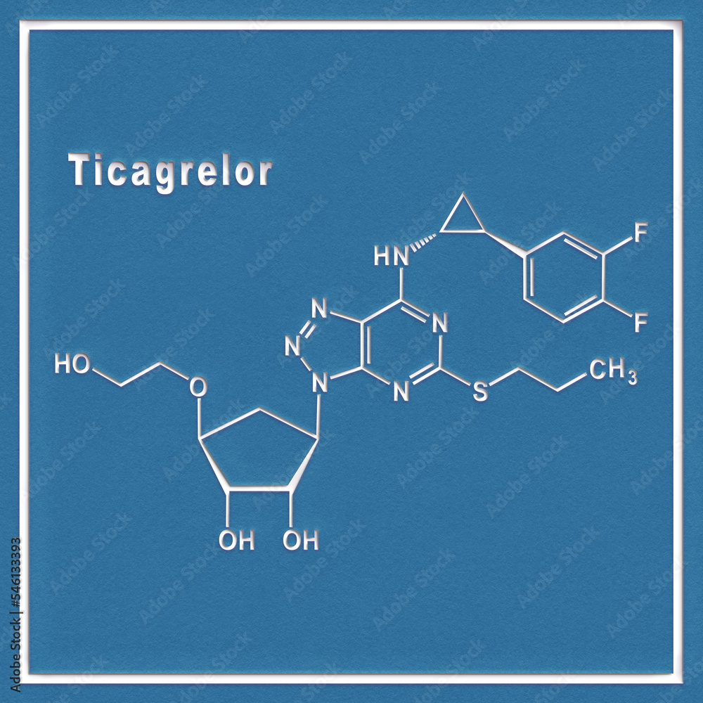 Ticagrelor platelet inhibitor drug, chemical structure Ticagrelor platelet inhibitor drug, chemical structure