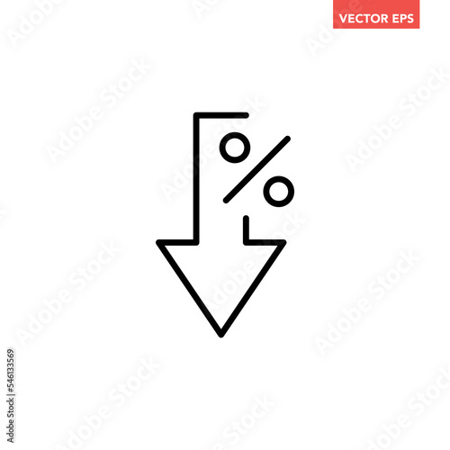 Black single percent rate down line icon, simple business flat design pictogram, infographic interface elements for app logo web website button ui ux isolated on white background