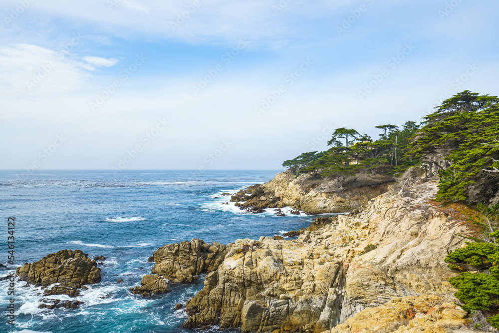 Monterey Bay, California. Rocky coastline, cypress trees, Pacific Ocean, and beautiful cloudy sky