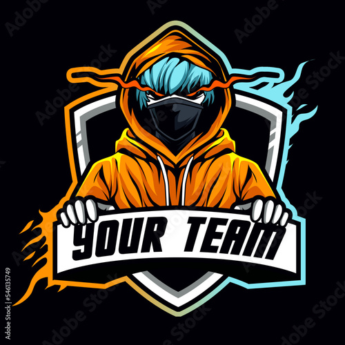 hacker mascot for sports and esports logo. Anonymous E-sports Gaming vector. Hacker Face Musk vector logo. Evil Face mask vector logo. Hoodie illustration
