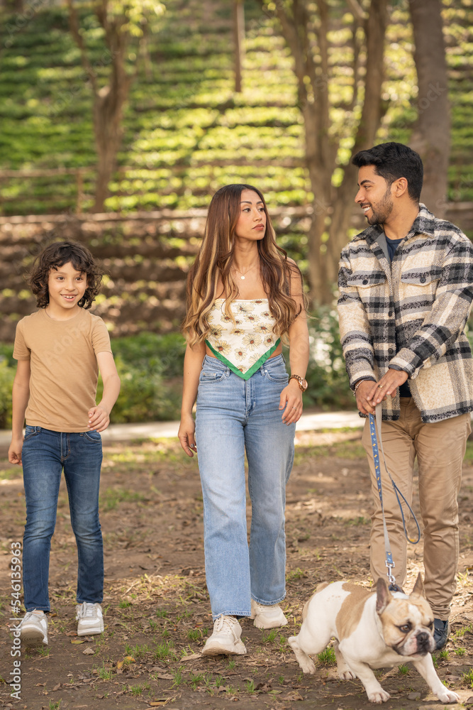 Obraz premium Vertical portrait of a family walking a dog in a park