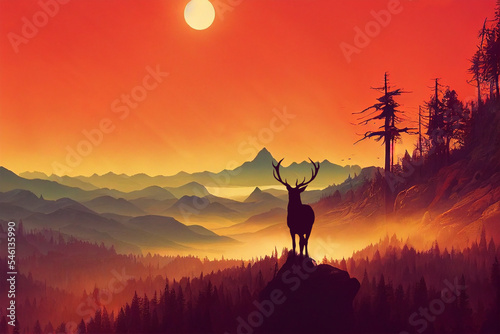 firewatch wallpaper background. beautiful scenery landscape graphic design. deer an the mountain and forest.