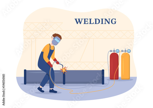 Welding Service with Professional Welder Job Weld Metal Structures, Pipe and Steel Construction in Flat Cartoon Hand Drawn Templates Illustration