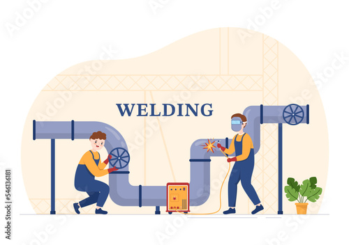 Welding Service with Professional Welder Job Weld Metal Structures, Pipe and Steel Construction in Flat Cartoon Hand Drawn Templates Illustration