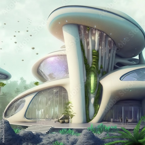 Futuristic organic plant based living house building designed by AI, eco house environmentaly friendly housing design, concept illustration photo