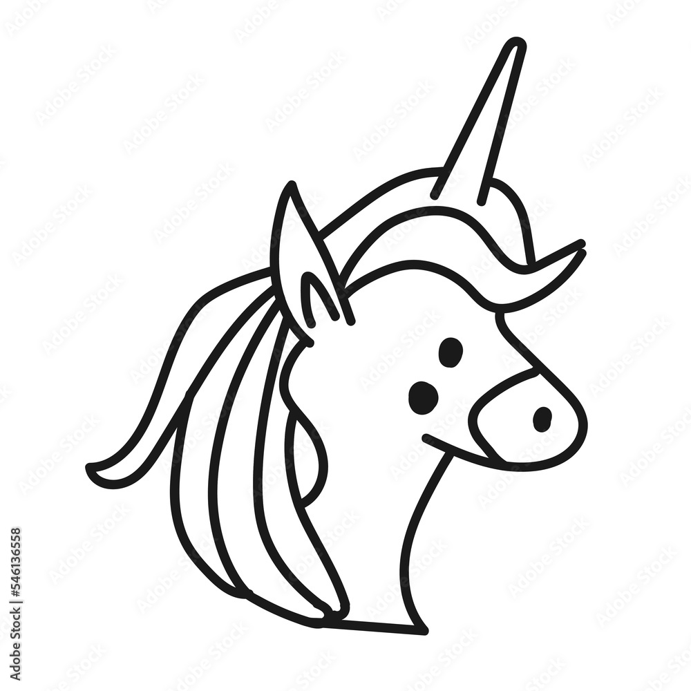 Cute Head of a unicorn with mane and horn. Isolated vector doodle icon