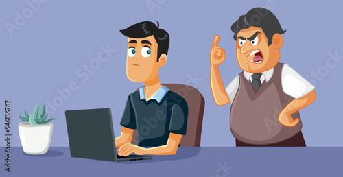 Man Having a Stressful Job and Boss Vector Cartoon Illustration. Nervous overworked employee being evaluated by an angry manager
