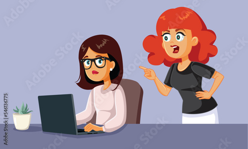 Woman Stressed at the Office by Her Boss Vector Cartoon. Nervous overworked employee being evaluated by an angry manager
