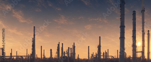 Large industrial gas pipelines in a modern refinery at sunrise 3d render. AI generated art illustration